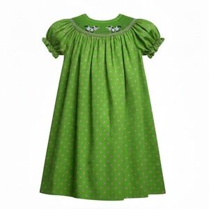 Rosalina Collection Kids Green Pink Polka Dot Smocked Cow Dress 6Y Easter Church